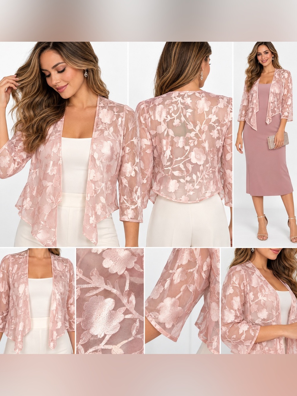 Alex Evenings Pink Floral Sheer Open Front Bolero Jacket Size 8 NWT